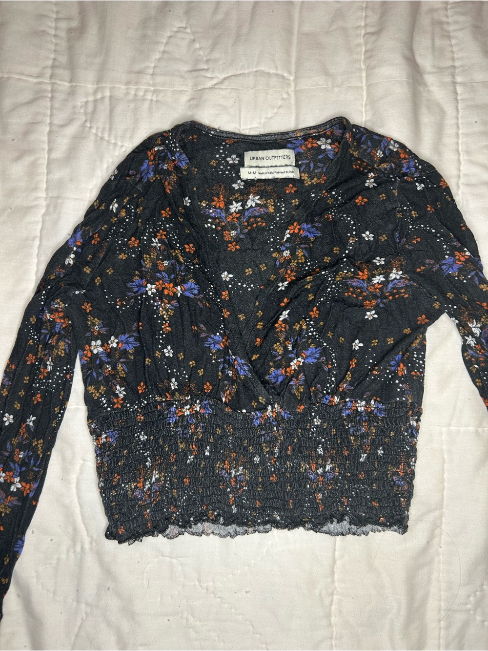 Urban Outfitters Black Floral Smocked Waist Long-Sleeve Crop Top